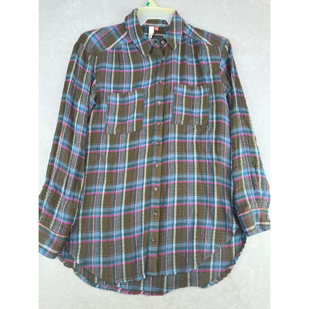 Pilcro Anthropologie Plaid Button Down Shirt Olive Blue Pink Viscose Blend Small